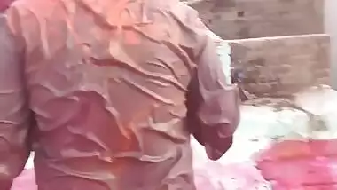 3 Guys pressing boobs of a desi girl during holi