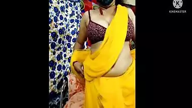 Yellow Colour Saree Indian Sexy Housewife