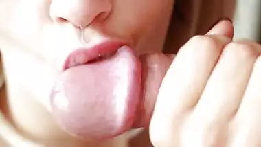 Blowjob close up. Blonde beautifully sucks dick