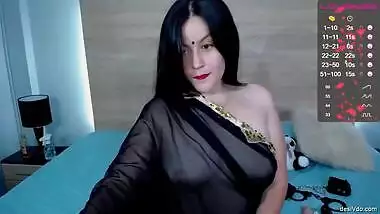 Sexy Bhabhi in See through Black Saree without blouse Exposing Boobs