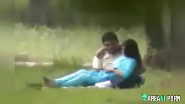 Beautiful Indian wife in blue saree with her lover in public park